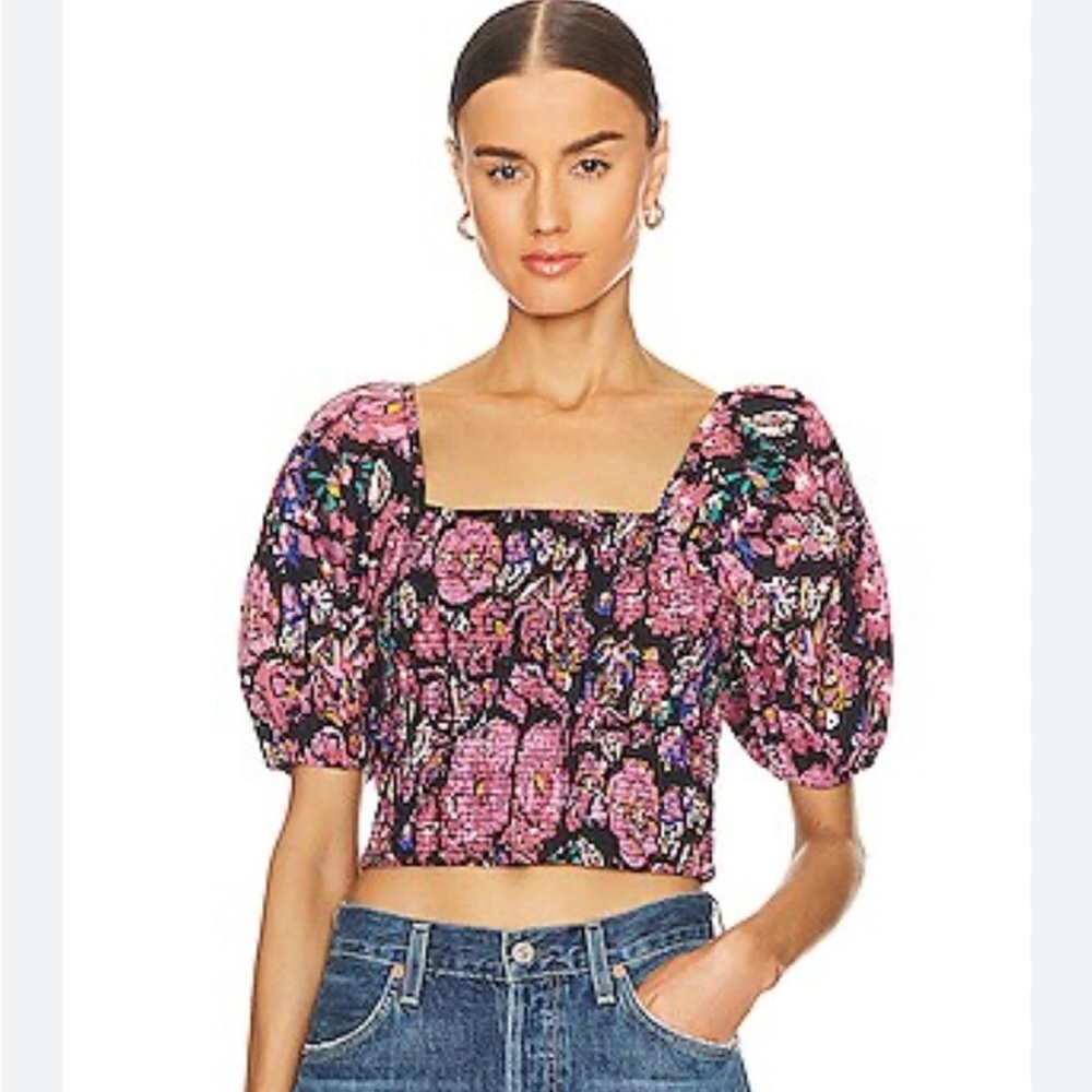 Cleobella Revolve Fairy Boho Pink and Black Floral Crop Top 100% Organic Cotton